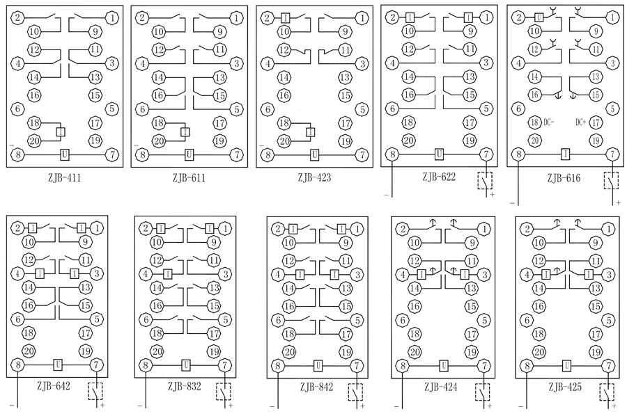 ZJB-633保持中间继电器内部接线图